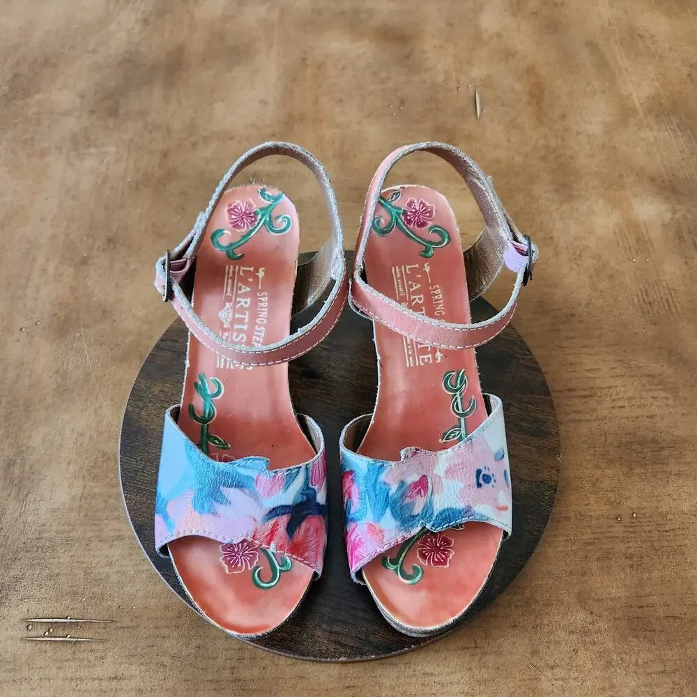 L'Artiste Spring Step Mauri Floral Sandals 37 Warm Orange Leather Hand Painted - Picture 2 of 16